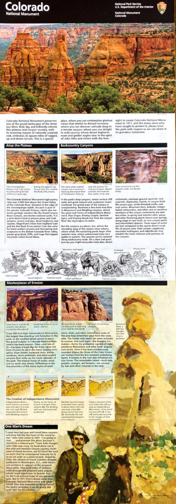 An open Colorado National Monument brochure displays a canyon illustration, small photographs, and text panels.