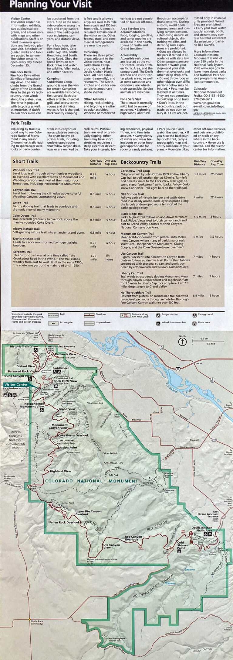 A park guide page places a “Planning Your Visit” text panel above a map with colored routes and boundaries.