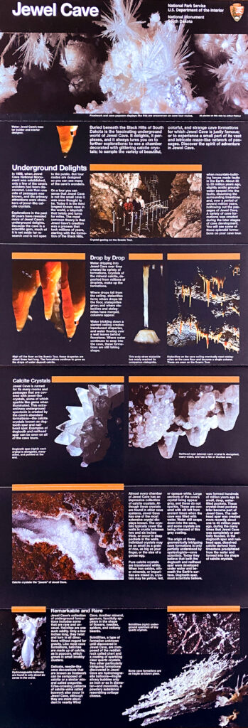 A Jewel Cave exhibit panel combines text, photographs, diagrams, and colored illustrations.