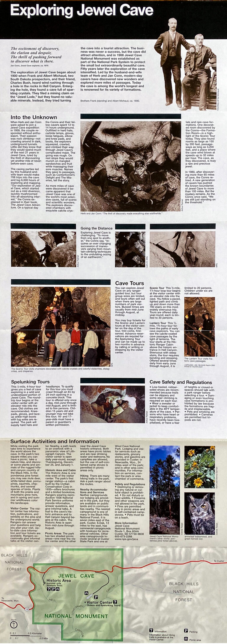 An Exploring Jewel Cave display includes text, photographs, cave scenes, and a colored map.