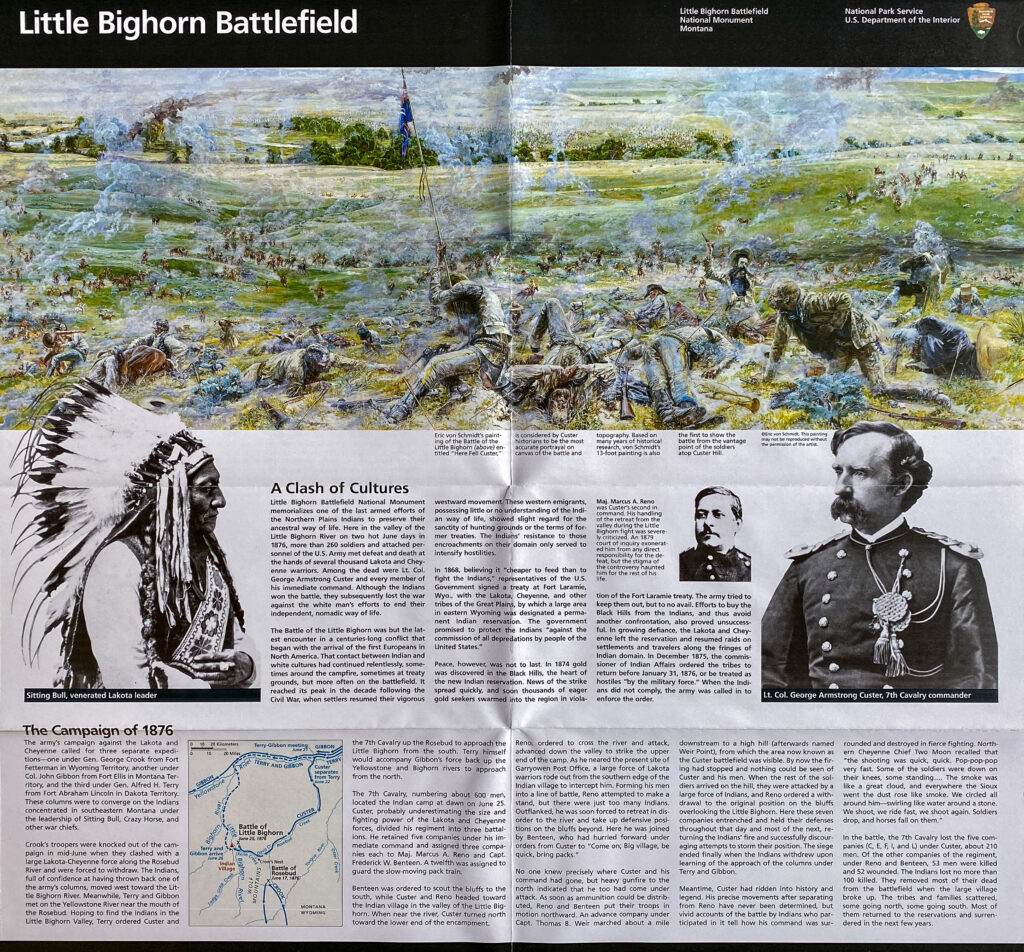 An open battlefield brochure pairs a battle illustration with portraits, a small map, and historical text.
