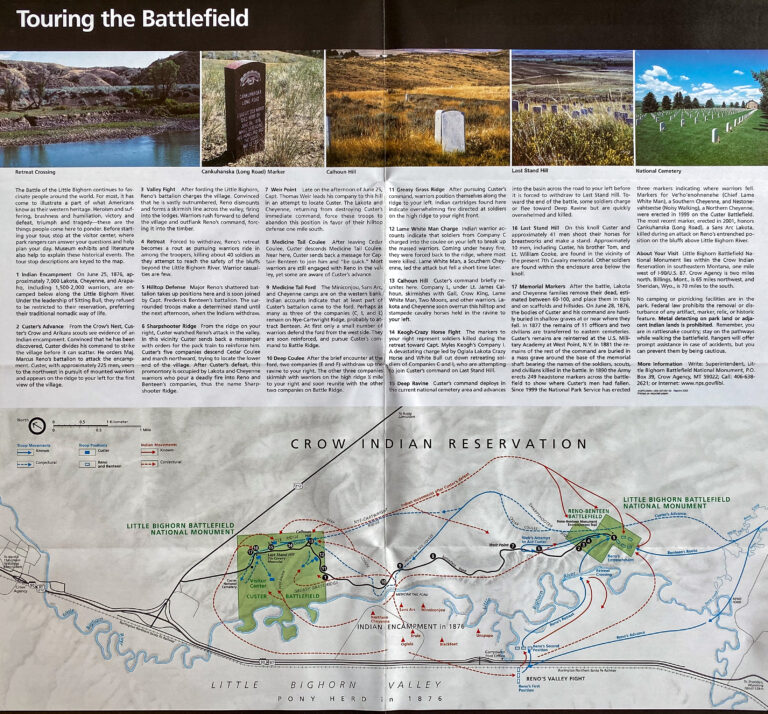 A foldout battlefield guide places site photographs and text above a large map labeled Crow Indian Reservation.