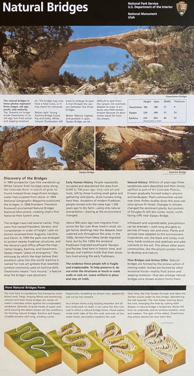 An open Natural Bridges brochure displays bridge photographs, explanatory text, maps, and a model diagram.