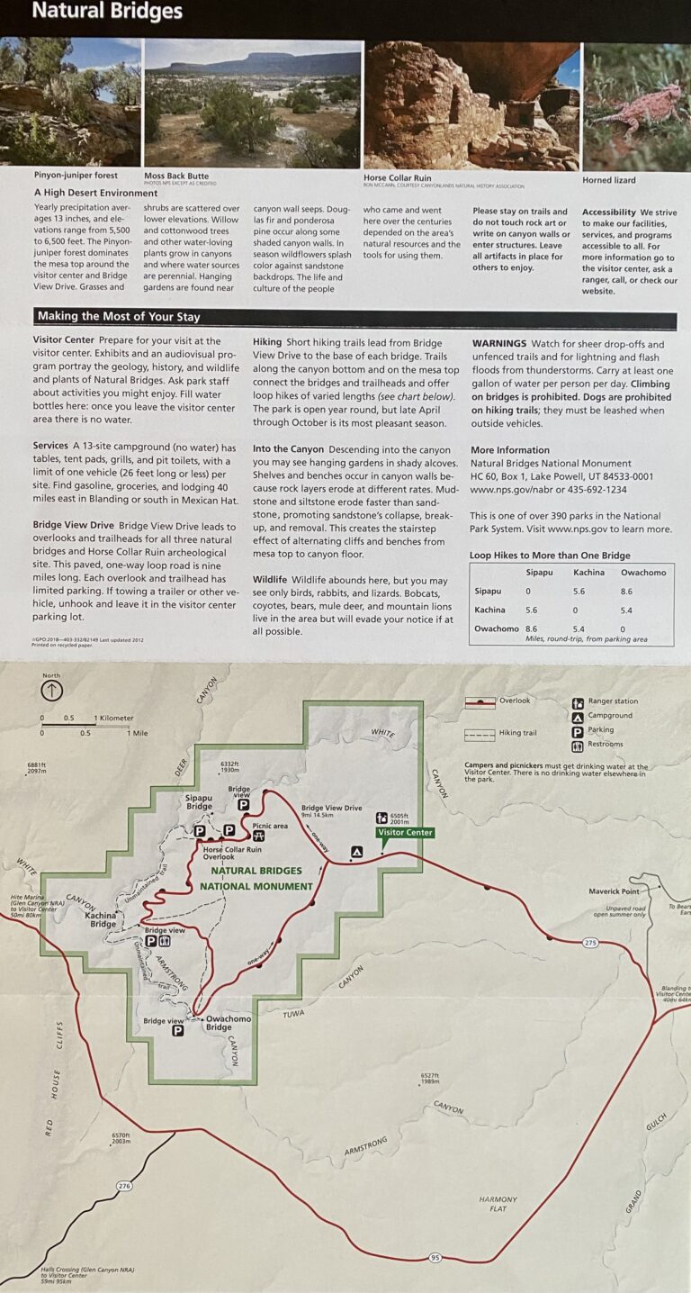 A Natural Bridges brochure page shows a marked park map above photographs and explanatory text columns.