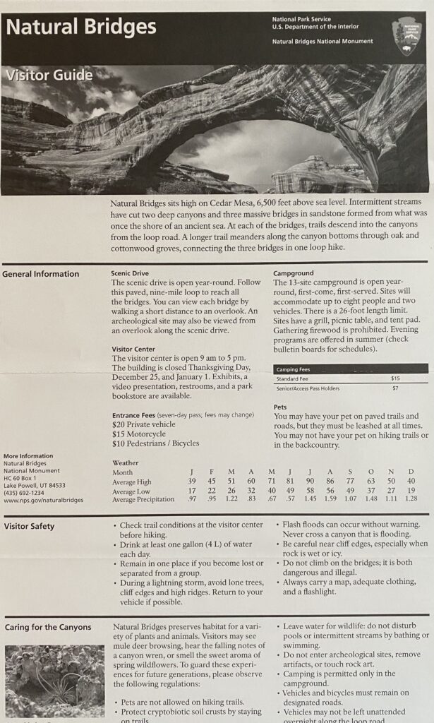 A Natural Bridges handout has a panoramic bridge image above sections on visitor information, safety, and canyon care.