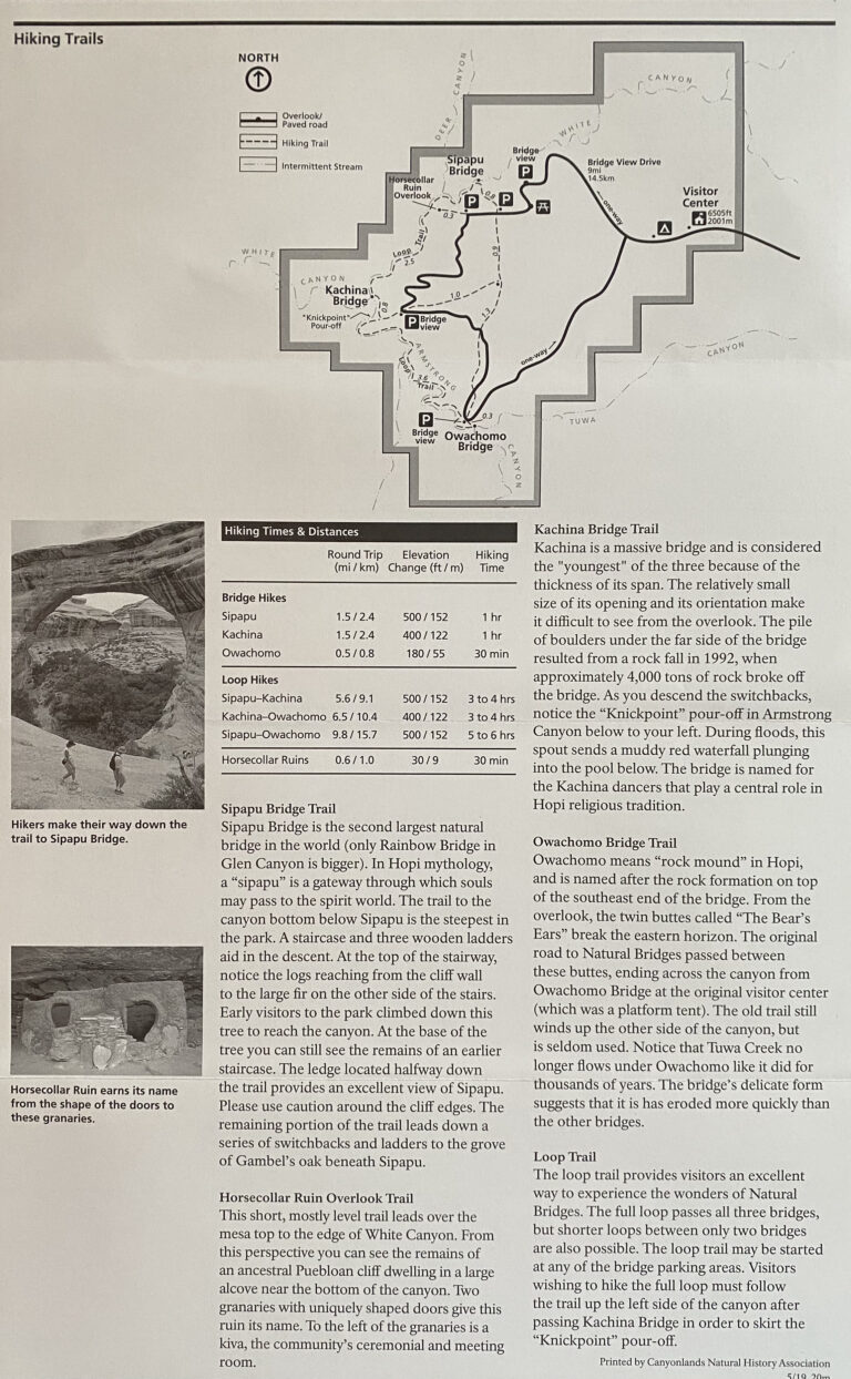 A Natural Bridges guide page combines a route map, bridge photographs, trail information, and descriptive text.