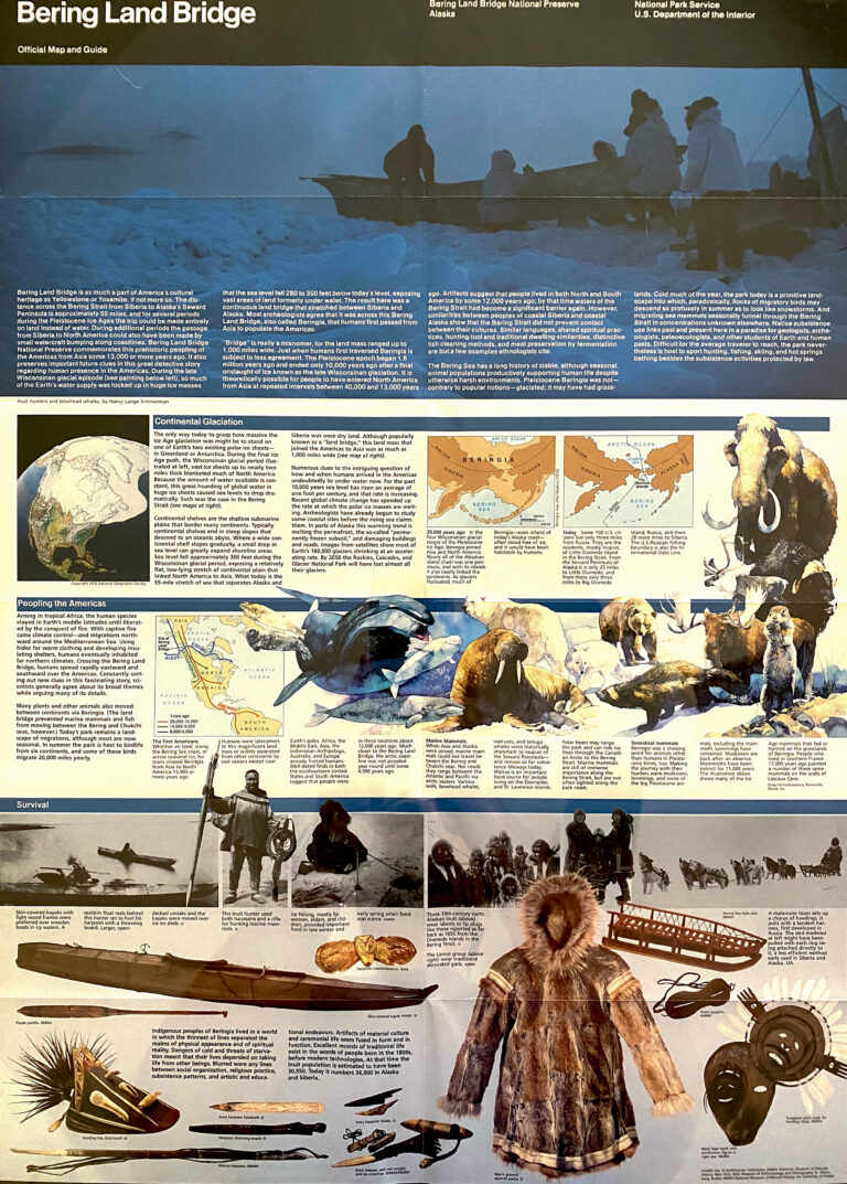 A large interpretive panel combines maps, animal illustrations, historical scenes, and photographs of traditional objects.