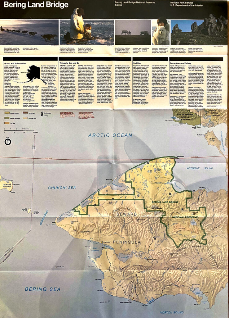 A shaded relief map marks Bering Land Bridge National Preserve on the Seward Peninsula between the Bering and Chukchi seas.