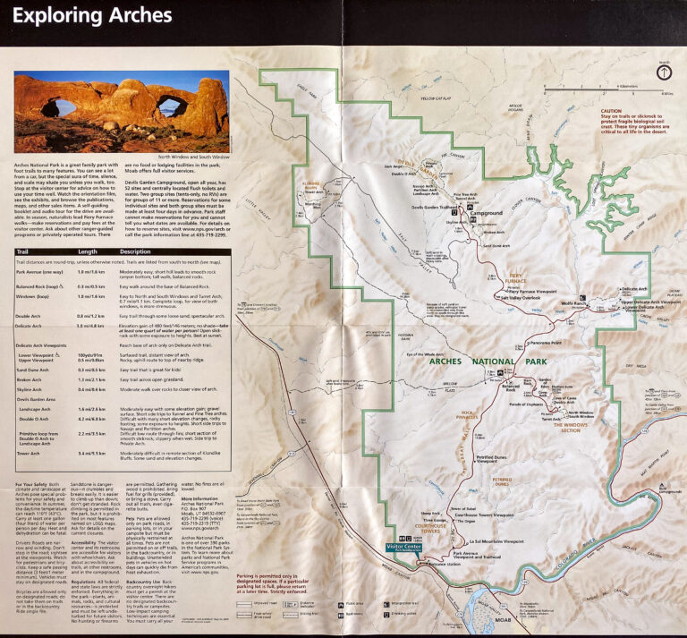 Arches National Park visitor map with a green boundary, roads, trails, and information panels.