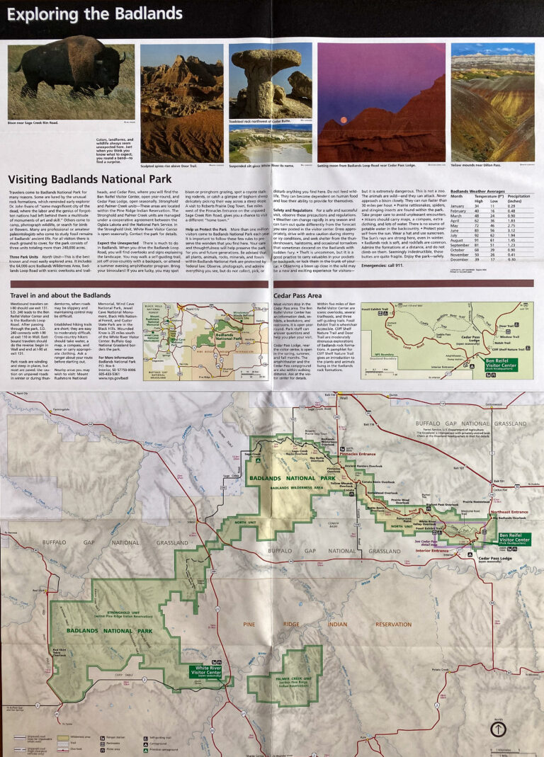 A Badlands visitor guide pairs scenic photographs and travel information with a large map outlining the national park.