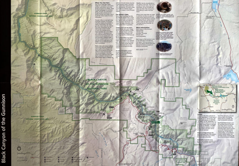 A topographic park map shows the Black Canyon boundary, roads, waterways, visitor areas, and surrounding terrain.