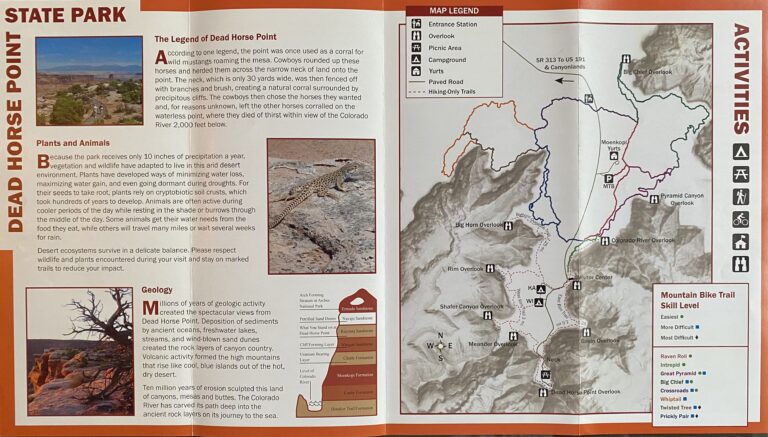 An open orange-bordered Dead Horse Point State Park brochure shows a map beside text about activities, wildlife, and geology.