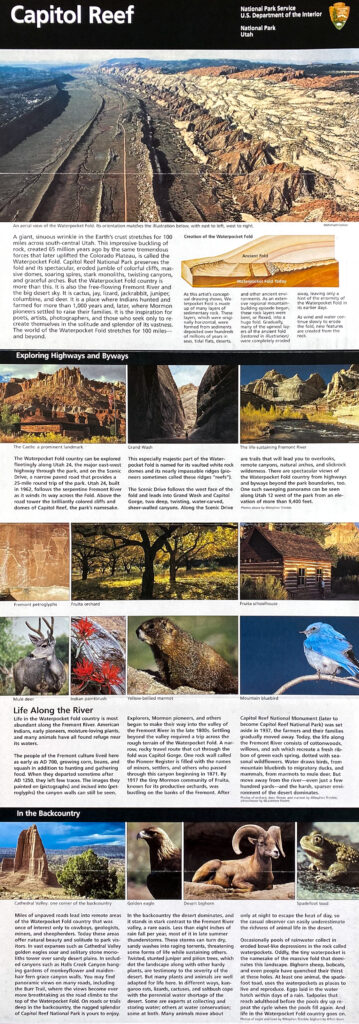 A brochure page titled “Exploring Capitol Reef” shows text above a large colored map and legend.