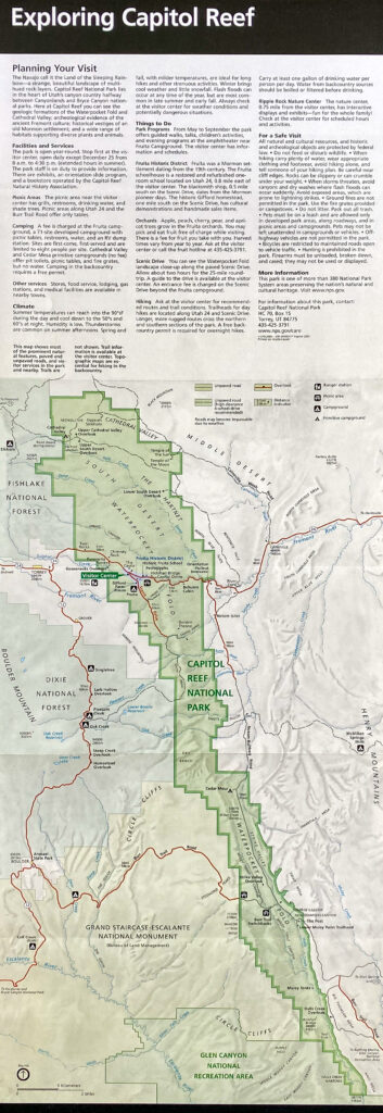 A brochure page titled “Exploring Capitol Reef” shows text above a large colored map and legend.