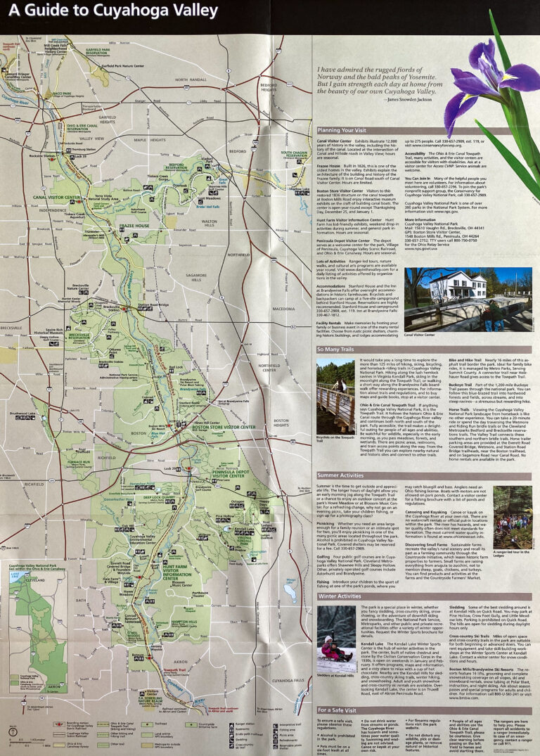 A Cuyahoga Valley guide shows a detailed map beside visitor information and a purple iris illustration.