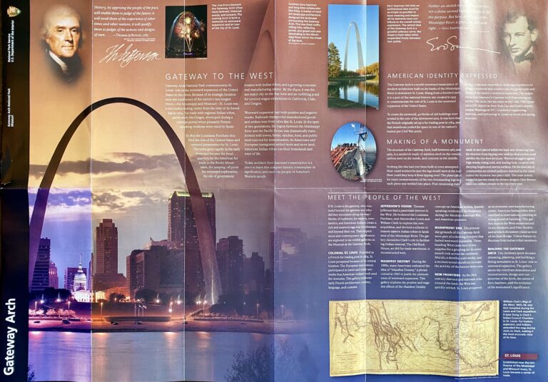 A Gateway Arch mural combines a sunset panorama, portraits, historic site photographs, a map, and explanatory text.