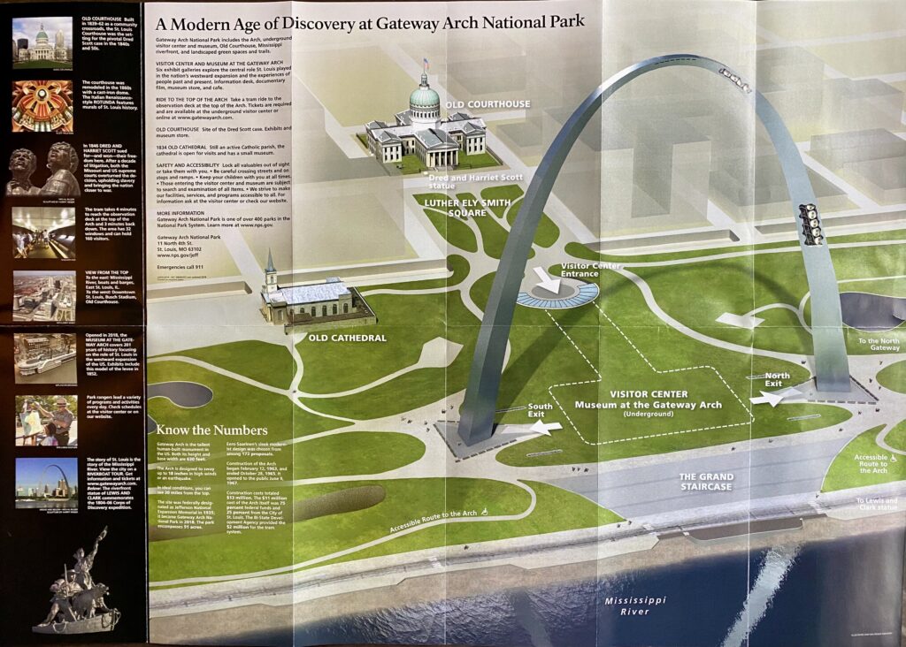 A Gateway Arch site map labels the Old Courthouse, Old Cathedral, visitor center, Grand Staircase, and riverfront.