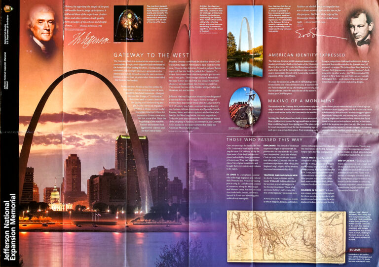 An interpretive mural shows the Gateway Arch at dusk with downtown, text panels, Eero Saarinen’s portrait, and a historic map.