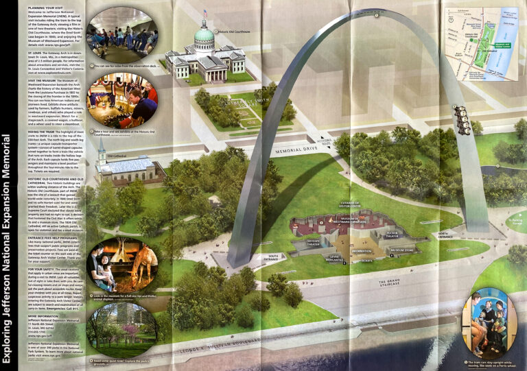 A foldout park guide shows the Gateway Arch, Old Courthouse, Old Cathedral, museum, visitor center, paths, and Mississippi River.