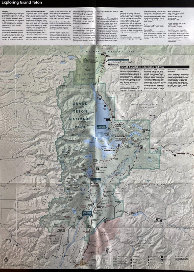 A shaded relief map outlines Grand Teton National Park and marks roads, lakes, rivers, and visitor areas.