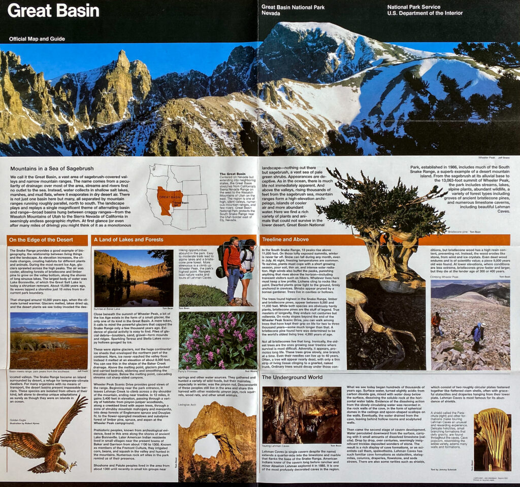 An open Great Basin brochure combines a mountain panorama, maps, photographs, text, and a cave illustration.