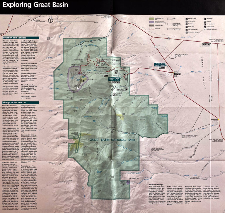 A folded visitor map marks Great Basin National Park in green among roads, labels, and information panels.
