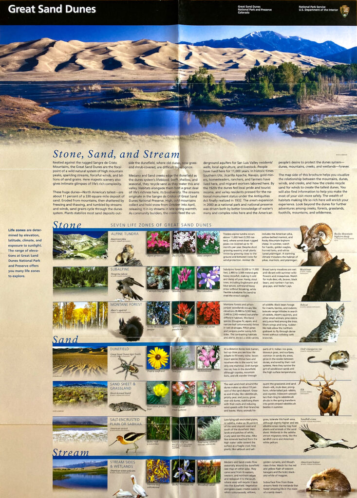 A Great Sand Dunes display titled “Stone, Sand, and Stream” combines a panorama, smaller nature images, and text.