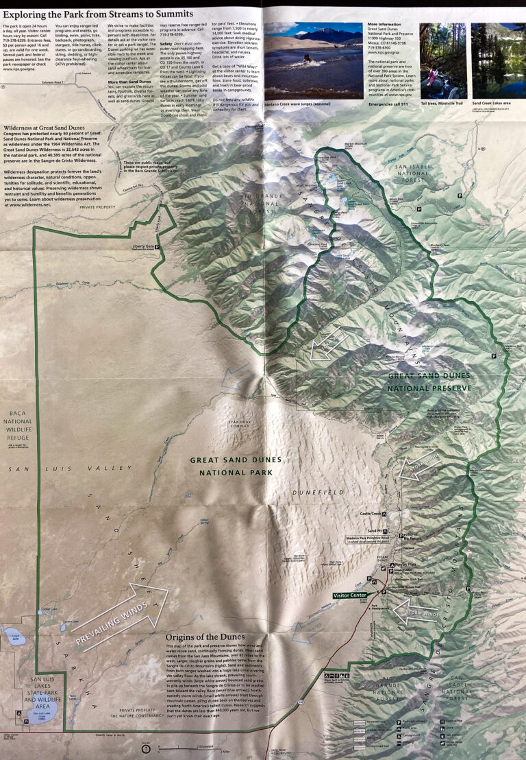 A shaded-relief map shows Great Sand Dunes and a green boundary beneath a strip of visitor information.