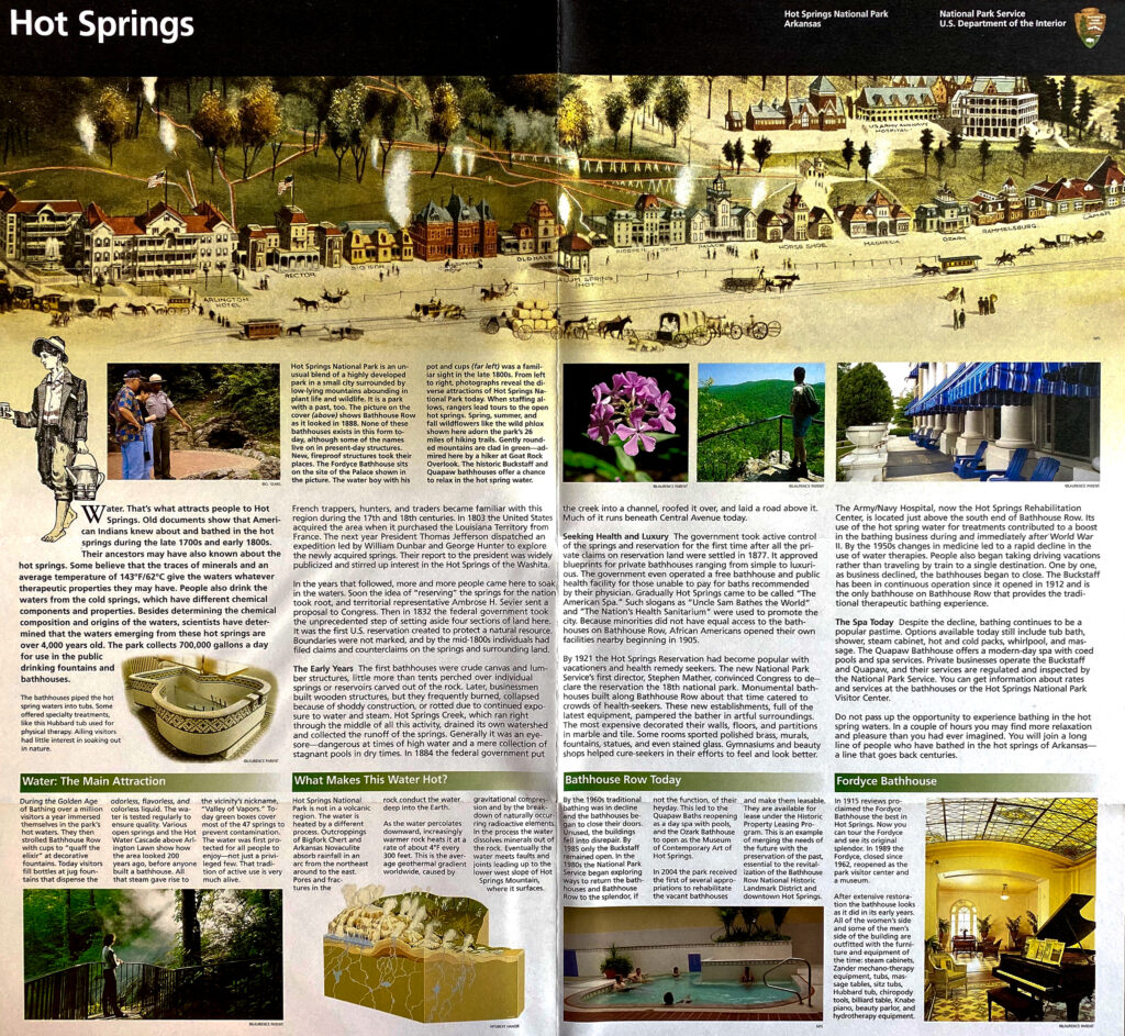 An open Hot Springs brochure shows a historic streetscape panorama above columns of text, photographs, and illustrations.