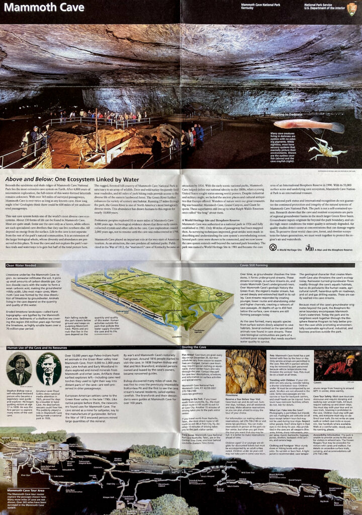 An open Mammoth Cave brochure combines a cave panorama, text, a water-system diagram, and a long cave cross-section.