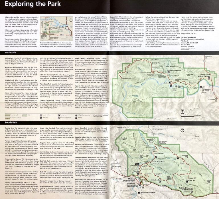 A park guide displays visitor information above maps of the North and South Units with trails and roads.