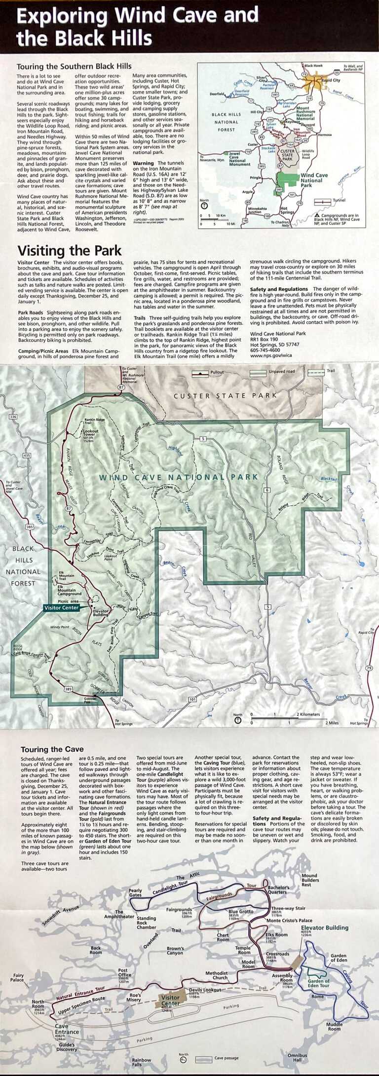 A visitor guide shows two maps of Wind Cave and the Black Hills beneath blocks of planning information.