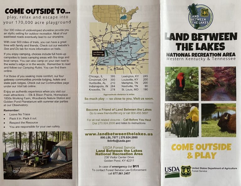 An open brochure shows a regional map, recreation information, and a Come Outside and Play cover.