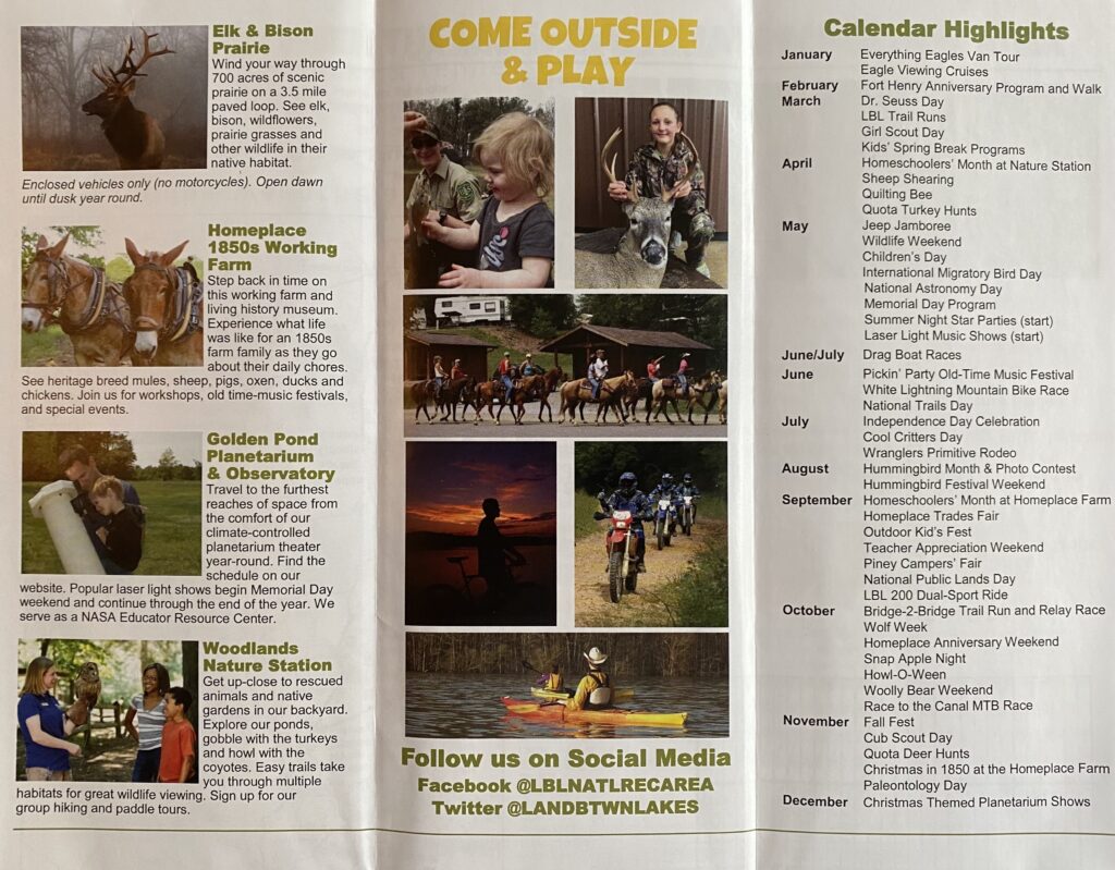 A brochure spread lists attractions and calendar highlights beside photographs of outdoor activities.