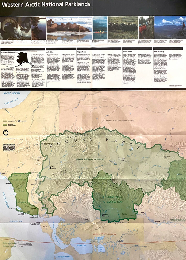 A regional map shows shaded and outlined park areas across northwestern Alaska beneath a Western Arctic National Parks header.