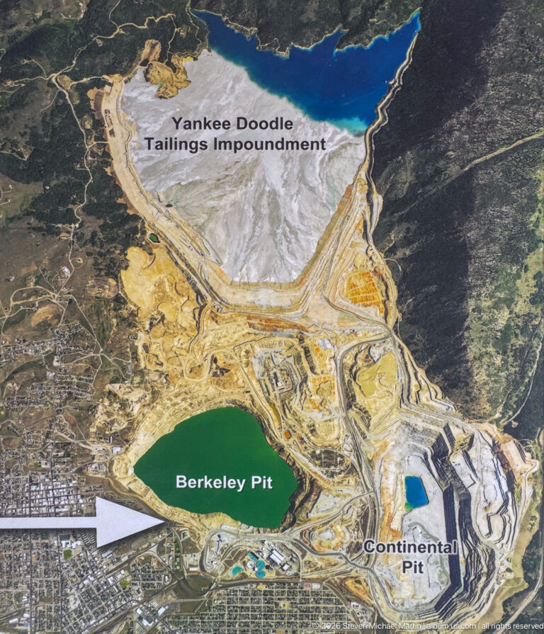 Aerial map labeling Berkeley Pit, Continental Pit, and Yankee Doodle Tailings Impoundment beside the Butte urban grid.