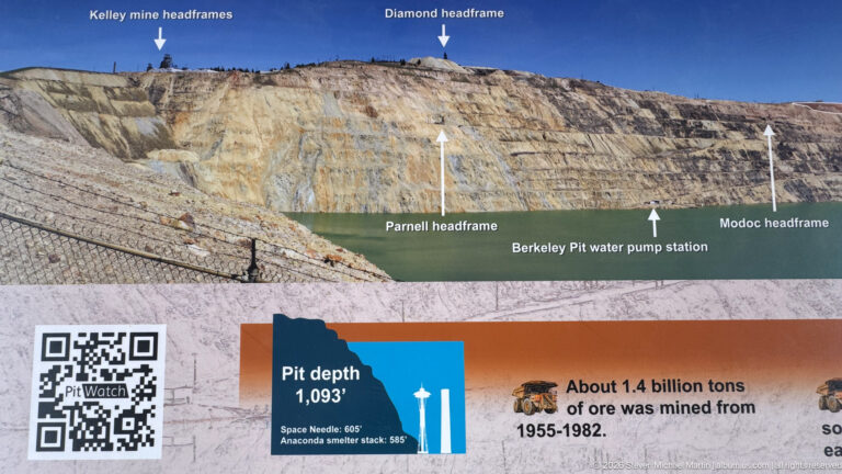 Interpretive panorama labeling Diamond, Parrot, and Modoc headframes and Berkeley Pit water pump station above depth facts.