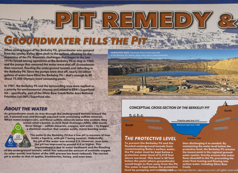 Berkeley Pit remediation panel with treatment-plant photograph and conceptual cross-section showing groundwater and protective water level.