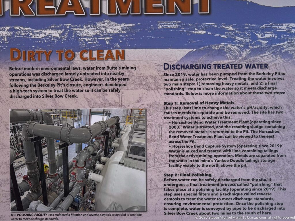 Interpretive panel titled Dirty In, Clean Out with treatment equipment photograph and text describing Berkeley Pit water treatment.