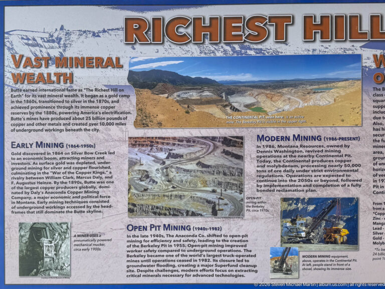 Interpretive panel titled Richest Hill with historic and modern mining photographs and sections on early, open-pit, and modern mining.
