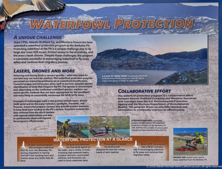 Interpretive panel titled Waterfowl Protection with photographs and text about lasers, drones, and bird deterrence at Berkeley Pit.