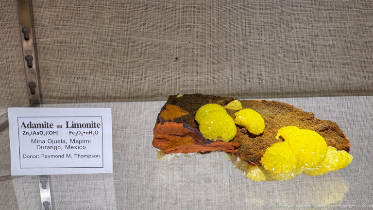 Bright yellow-green adamite clusters growing on a rusty brown limonite matrix beside an identifying label.