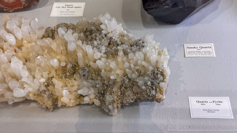 Large cluster of pale quartz crystals with darker metallic pyrite on a museum display surface.