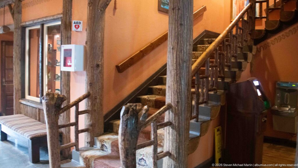 Side view of lodge staircase with rough log newel posts, branch balusters, wood handrail, carpeted steps, and adjacent bench.