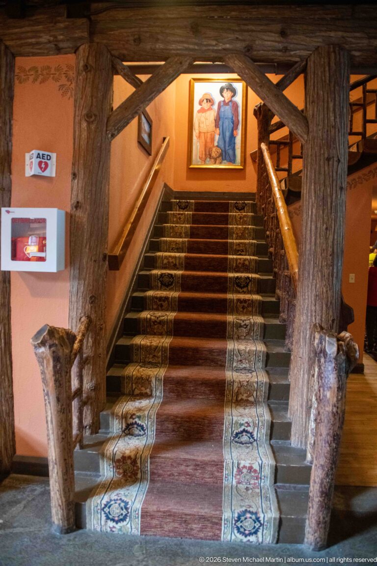 Frontal view of a broad carpeted staircase framed by massive log posts and rustic railings, with a painting above the landing.
