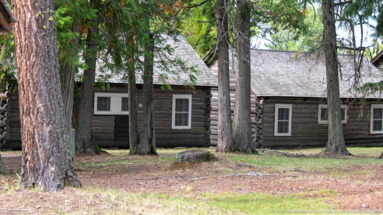 Long single-story log cabin with white-trimmed windows and shingled roof, partly screened by mature conifer trunks.