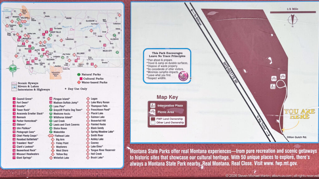 Montana State Parks map panel with statewide park directory, site diagram, map key, and you-are-here marker.