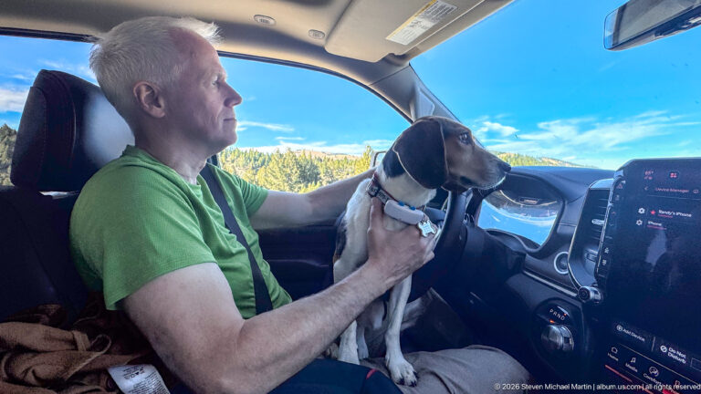 Man in a green shirt holding a beagle beside the steering wheel, with blue sky and wooded hills outside.