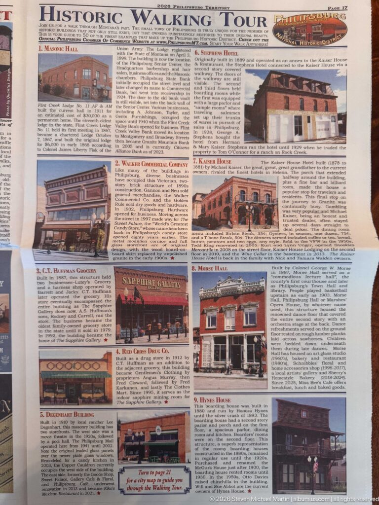 Opening Philipsburg walking-tour page with Masonic Hall, Walker Commercial Company, Sapphire Gallery buildings, Kaiser House, Morse Hall, and Hynes House.