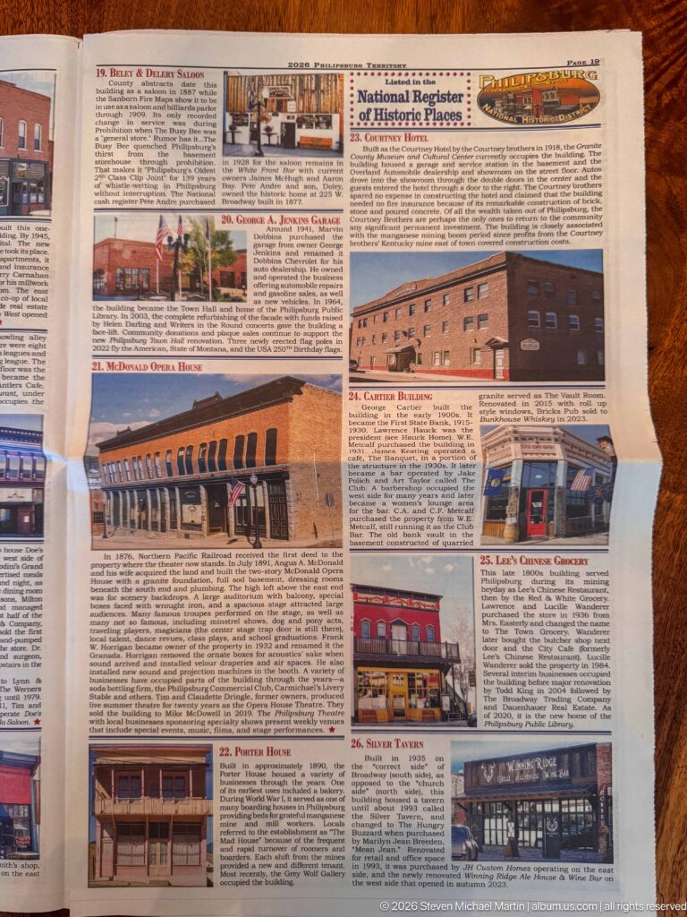 Walking-tour article page with entries 19–26, including McDonald Opera House, Courtney Hotel, Carter Building, and Silver Tavern.